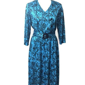 Blue Black Paisley Belted 3/4 Sleeve Dress